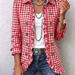 Charlene gingham ruffled button-down jacket with soft ruffle trim and a relaxed fit