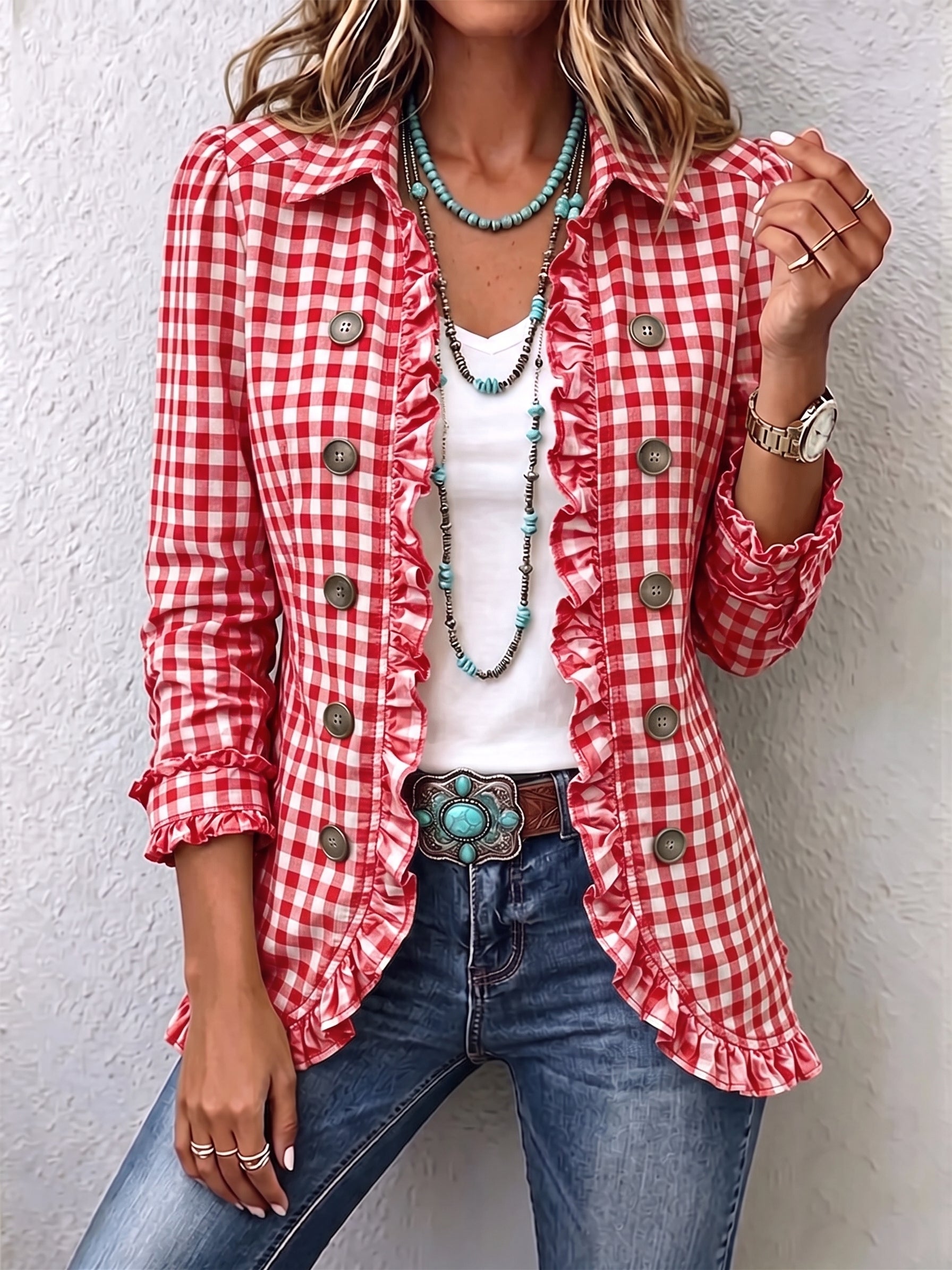 Charlene gingham ruffled button-down jacket with soft ruffle trim and a relaxed fit
