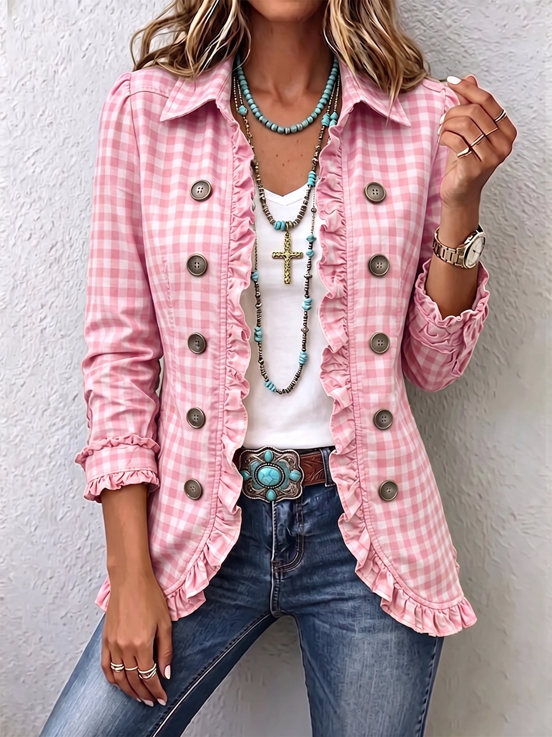 Charlene gingham ruffled button-down jacket with soft ruffle trim and a relaxed fit