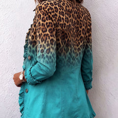 Fitted leopard ombre print blazer jacket with ruffle trim and gently flared hem