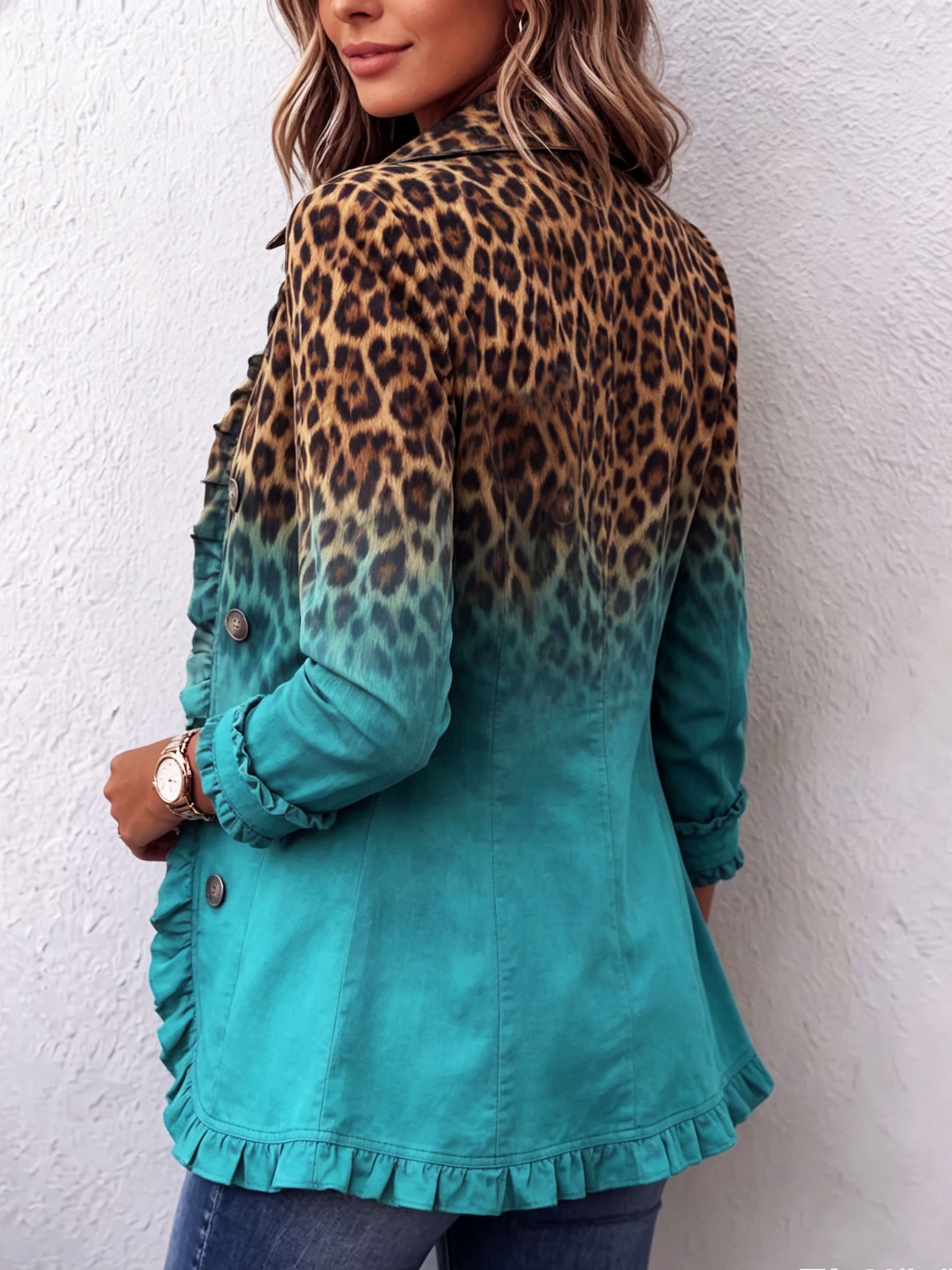 Fitted leopard ombre print blazer jacket with ruffle trim and gently flared hem