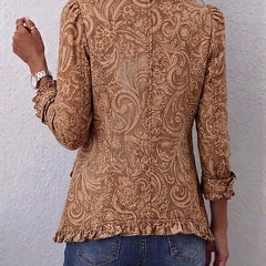 Brown floral print ruffled bohemian jacket with double-breasted button front
