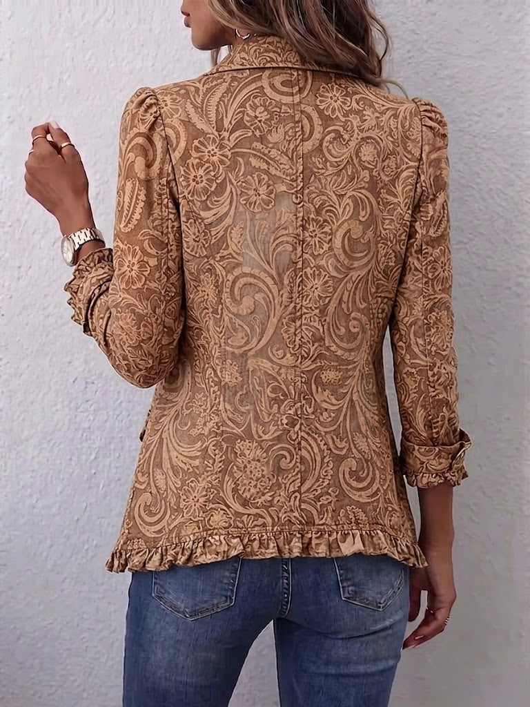 Brown floral print ruffled bohemian jacket with double-breasted button front
