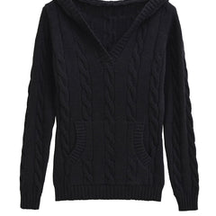 Corabelle cable-knit V-neck hooded sweater in a relaxed fit, shown in neutral tones