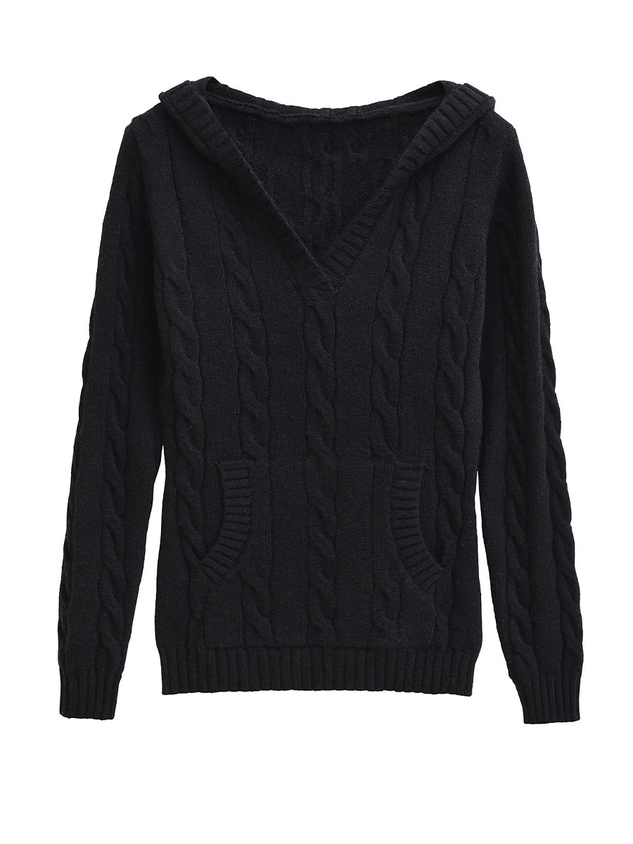 Corabelle cable-knit V-neck hooded sweater in a relaxed fit, shown in neutral tones