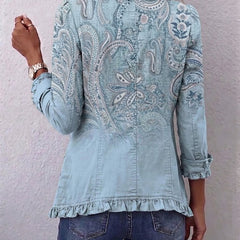 Sky blue vintage paisley print ruffled jacket with shirt collar and roll-up sleeves