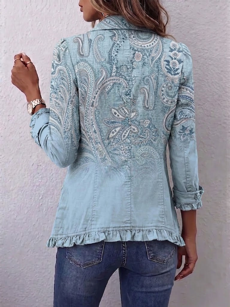 Sky blue vintage paisley print ruffled jacket with shirt collar and roll-up sleeves