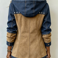 Navy and camel two-tone patchwork hooded jacket with stud detail and flap pockets