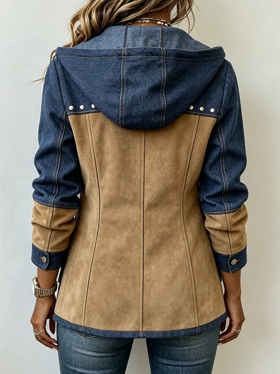 Navy and camel two-tone patchwork hooded jacket with stud detail and flap pockets