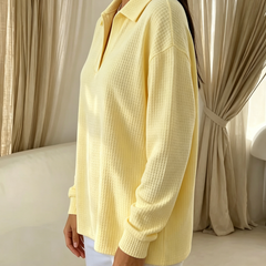 Idalia soft waffle-knit polo top with ribbed neckline, cuffs and hem in yellow and blue