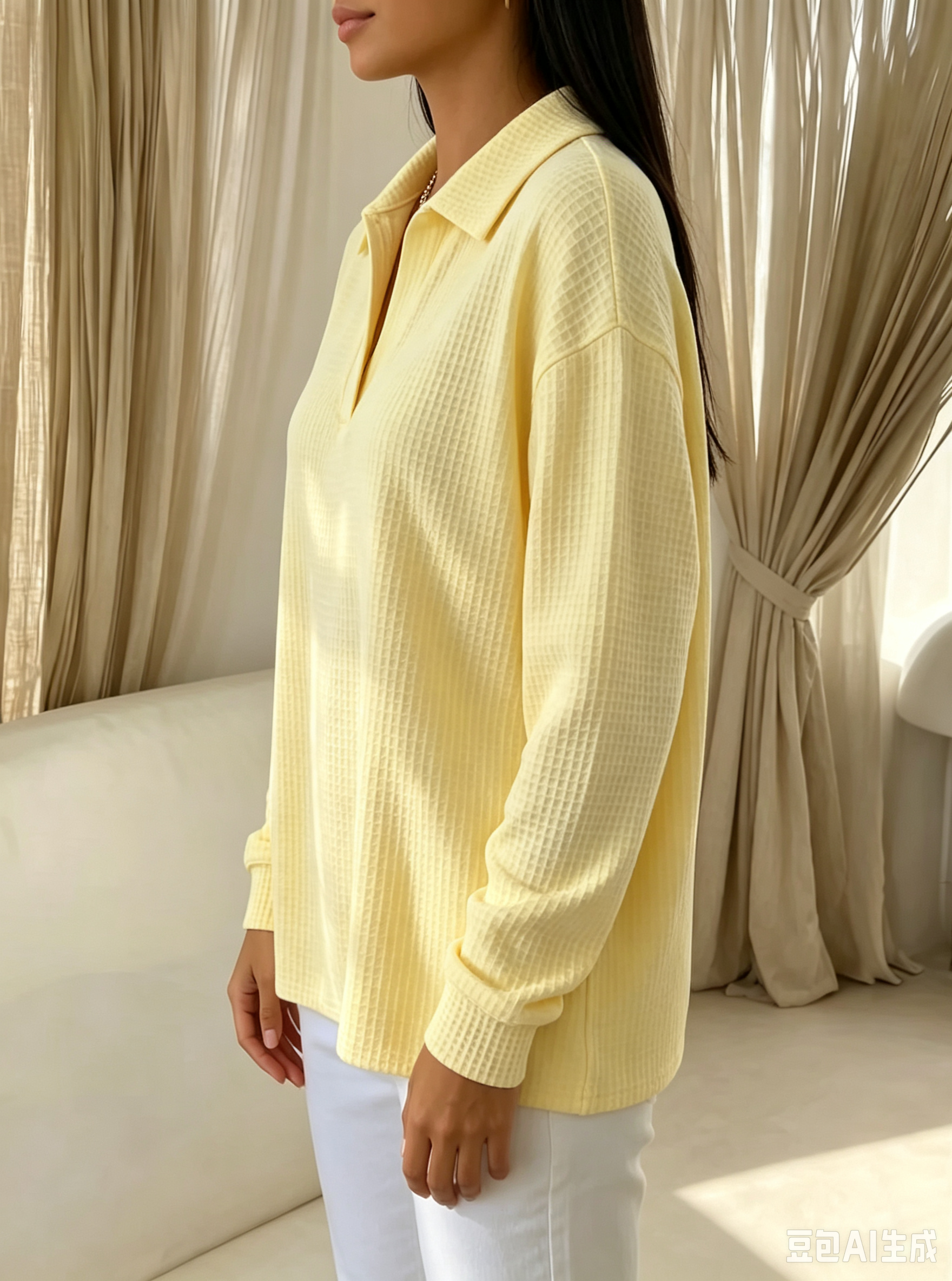 Idalia soft waffle-knit polo top with ribbed neckline, cuffs and hem in yellow and blue