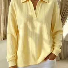 Idalia soft waffle-knit polo top with ribbed neckline, cuffs and hem in yellow and blue