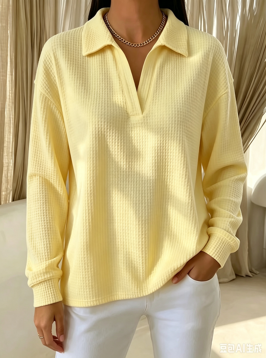 Idalia soft waffle-knit polo top with ribbed neckline, cuffs and hem in yellow and blue
