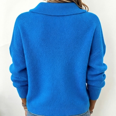 Royal blue knit sweater with Peter Pan collar and ribbed cuffs and hem