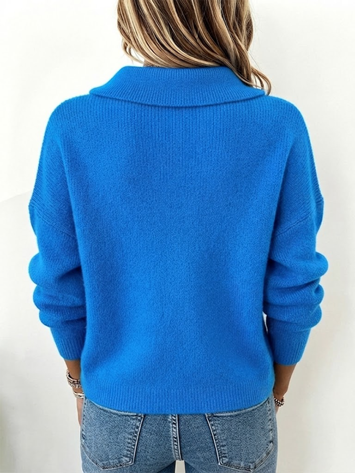 Royal blue knit sweater with Peter Pan collar and ribbed cuffs and hem
