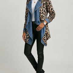 Khaki leopard print jacket with washed denim collar and cuffs, relaxed open-front cut