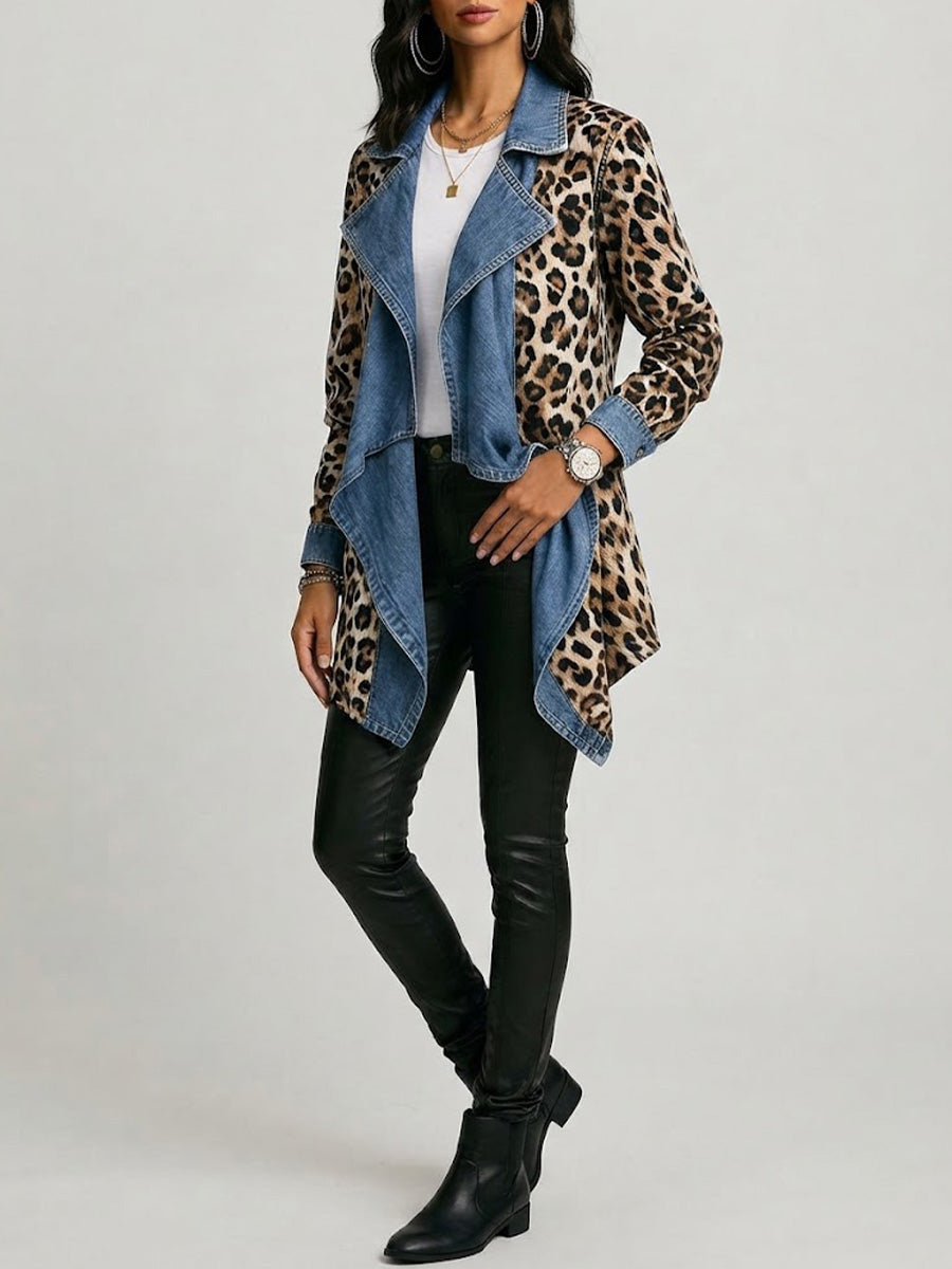Khaki leopard print jacket with washed denim collar and cuffs, relaxed open-front cut
