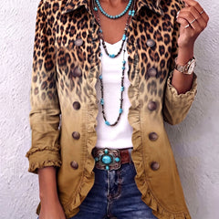 Fitted leopard ombre print blazer jacket with ruffle trim and gently flared hem