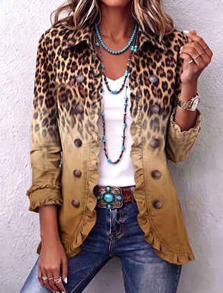 Fitted leopard ombre print blazer jacket with ruffle trim and gently flared hem