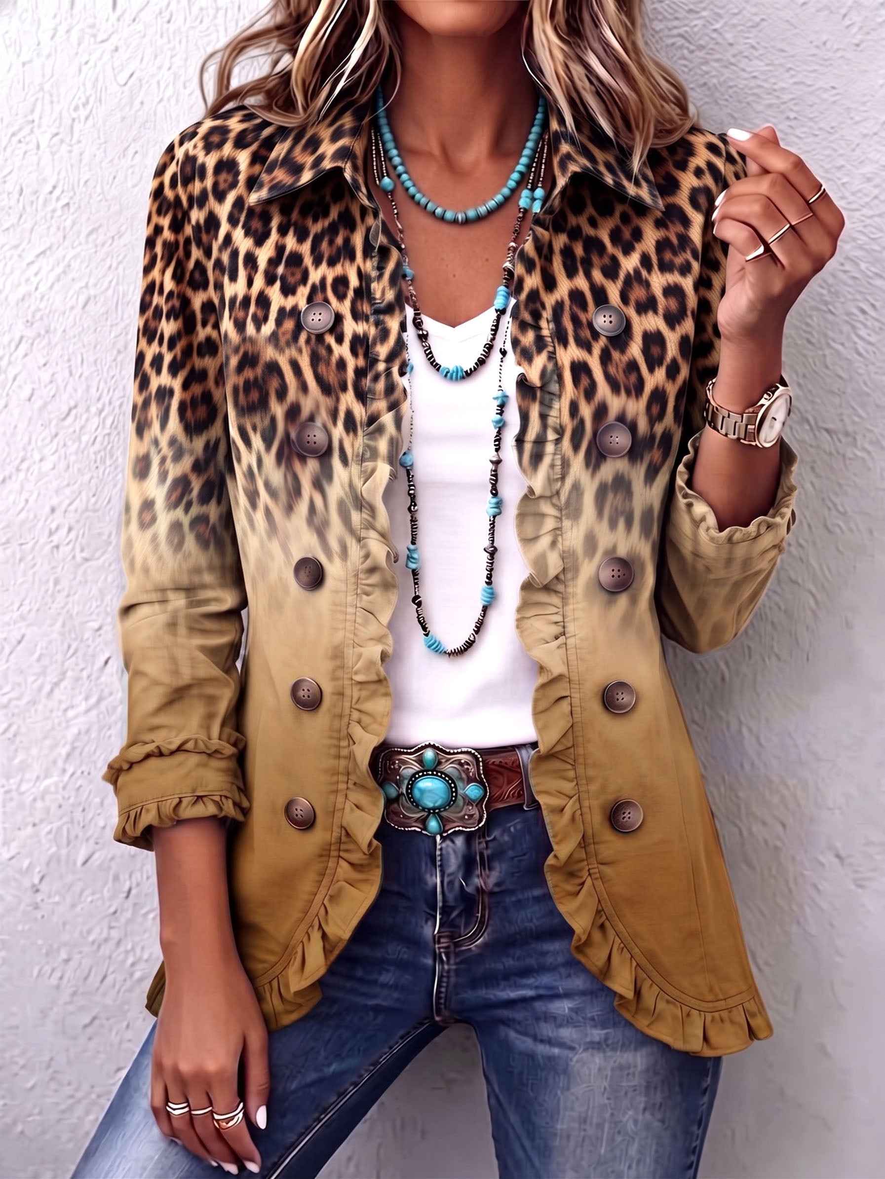 Fitted leopard ombre print blazer jacket with ruffle trim and gently flared hem