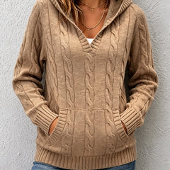 Corabelle cable-knit V-neck hooded sweater in a relaxed fit, shown in neutral tones