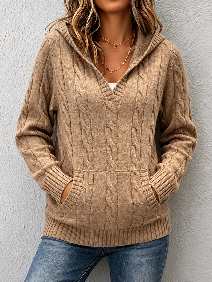 Corabelle cable-knit V-neck hooded sweater in a relaxed fit, shown in neutral tones