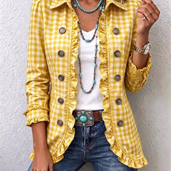 Charlene gingham ruffled button-down jacket with soft ruffle trim and a relaxed fit
