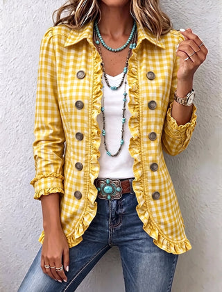 Charlene gingham ruffled button-down jacket with soft ruffle trim and a relaxed fit