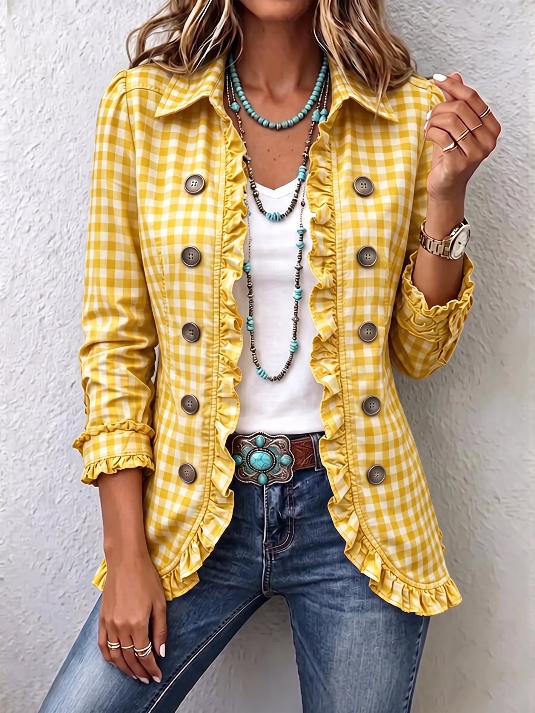 Charlene gingham ruffled button-down jacket with soft ruffle trim and a relaxed fit
