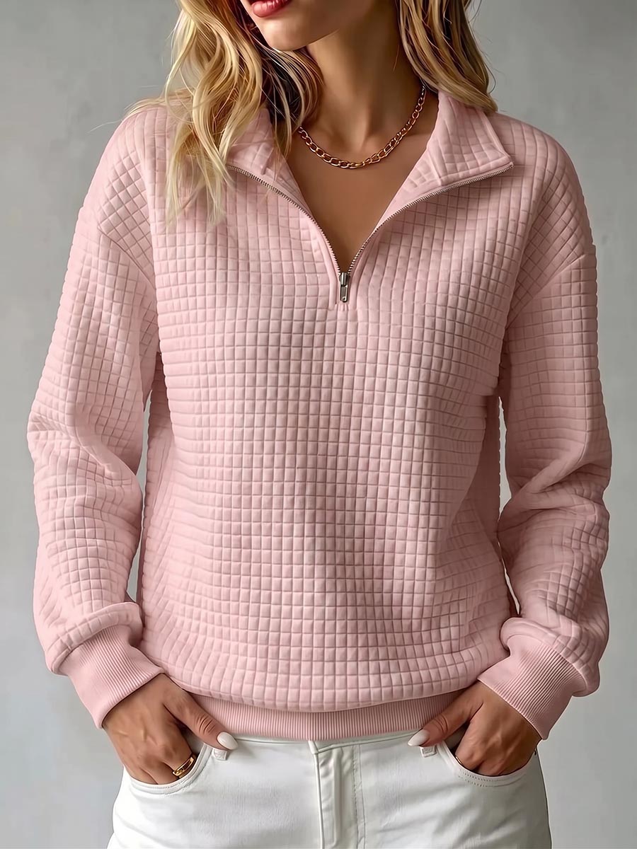 Women's waffle knit stand collar long sleeve pullover sweater in a relaxed fit