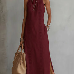 Jimena relaxed embroidered midi dress with mandarin collar and sleeveless cut