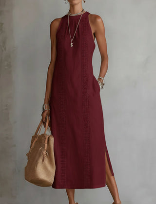 Jimena relaxed embroidered midi dress with mandarin collar and sleeveless cut