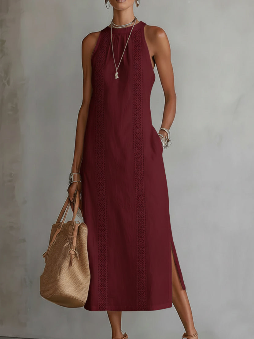 Jimena relaxed embroidered midi dress with mandarin collar and sleeveless cut