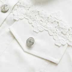 White lace-panel jacket with floral trim, sheer tulle hem and three-quarter flared sleeves