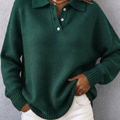 Women's polo hooded knit sweater with ribbed neckline, cuffs and hem in a relaxed fit