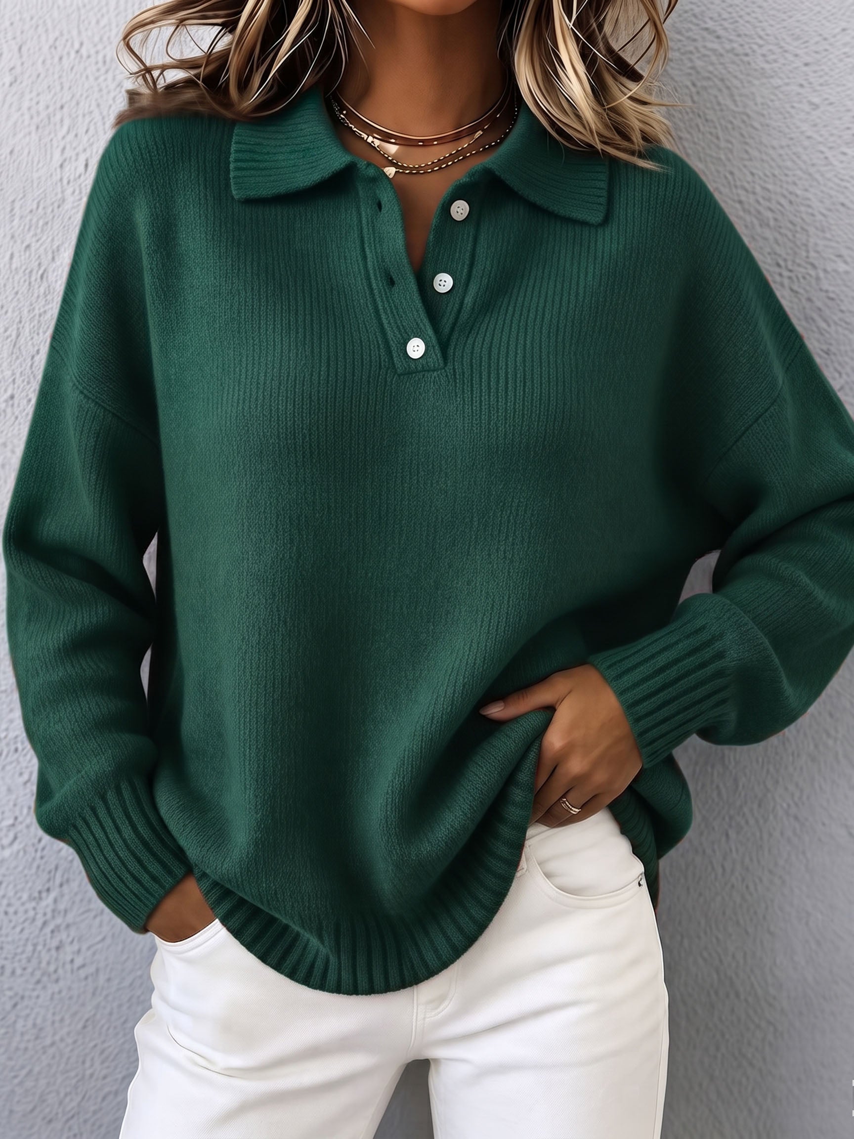 Women's polo hooded knit sweater with ribbed neckline, cuffs and hem in a relaxed fit
