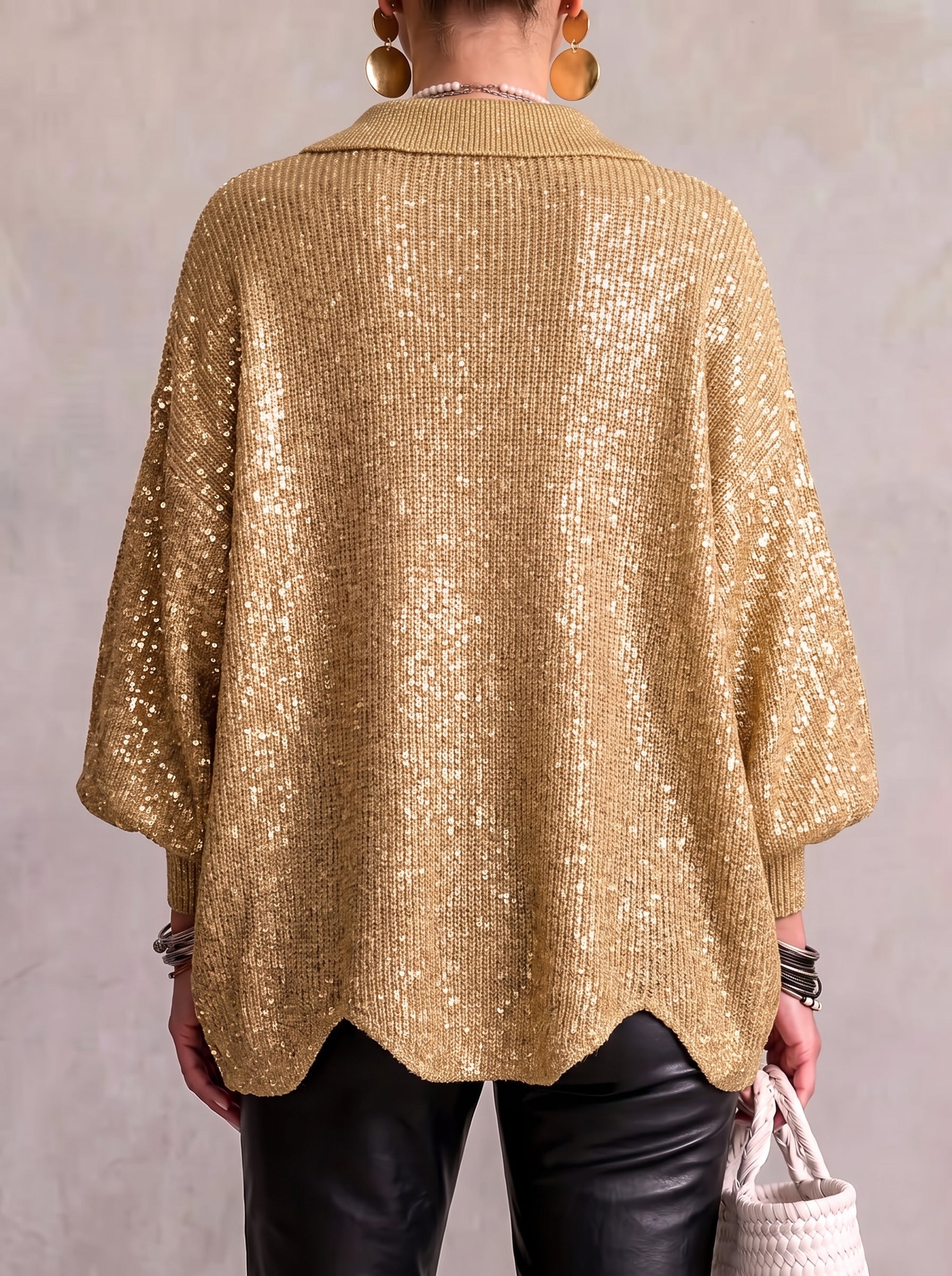 Oversized chunky knit collared cardigan with large gold-tone buttons and lantern sleeves
