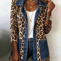 Leopard print longline jacket with blue denim panel detailing and relaxed fit