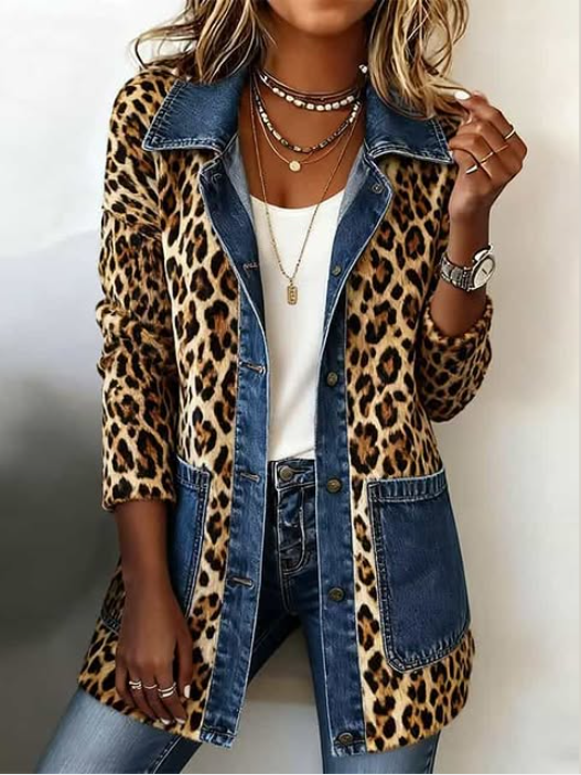 Leopard print longline jacket with blue denim panel detailing and relaxed fit