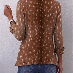 Brown animal-print bohemian jacket with ruffled hem and lapel collar