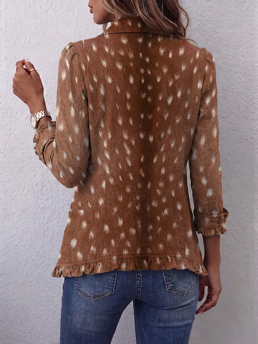 Brown animal-print bohemian jacket with ruffled hem and lapel collar