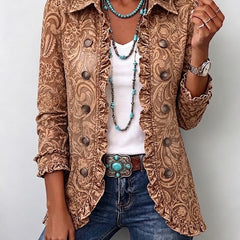 Brown floral print ruffled bohemian jacket with double-breasted button front