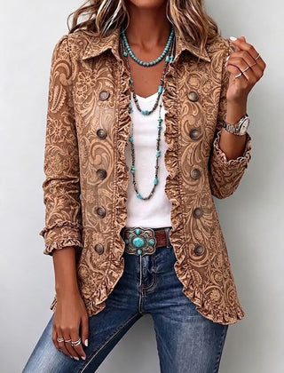 Brown floral print ruffled bohemian jacket with double-breasted button front