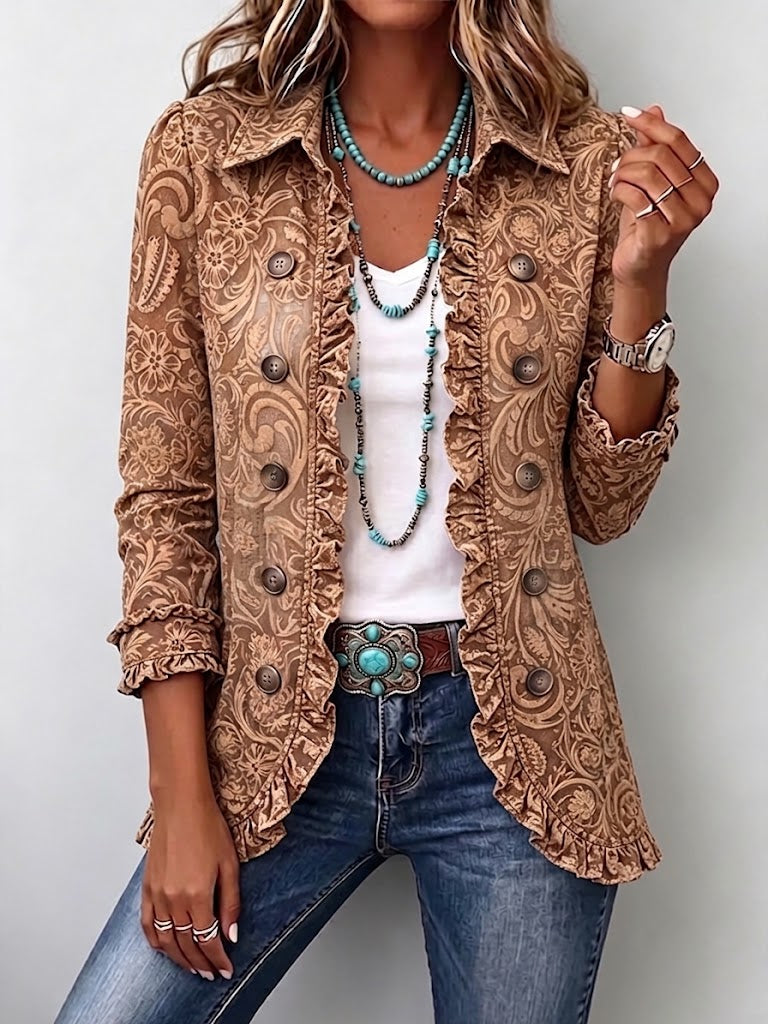 Brown floral print ruffled bohemian jacket with double-breasted button front