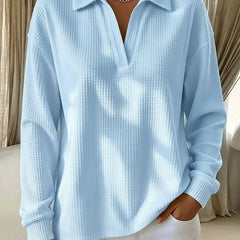 Idalia soft waffle-knit polo top with ribbed neckline, cuffs and hem in yellow and blue