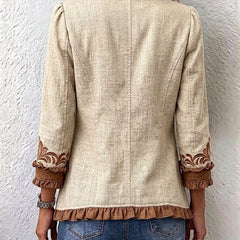 Tan and brown vintage floral embroidered ruffled open-front jacket for women
