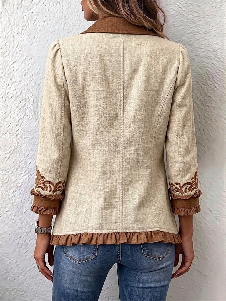 Tan and brown vintage floral embroidered ruffled open-front jacket for women
