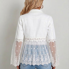 White lace-panel jacket with floral trim, sheer tulle hem and three-quarter flared sleeves