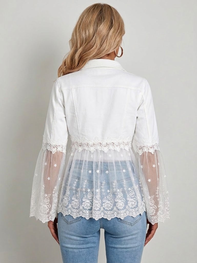 White lace-panel jacket with floral trim, sheer tulle hem and three-quarter flared sleeves