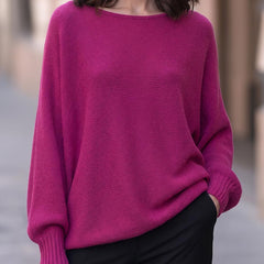 Rose red round neck long sleeve loose knitted pullover with ribbed neckline, cuffs and hem
